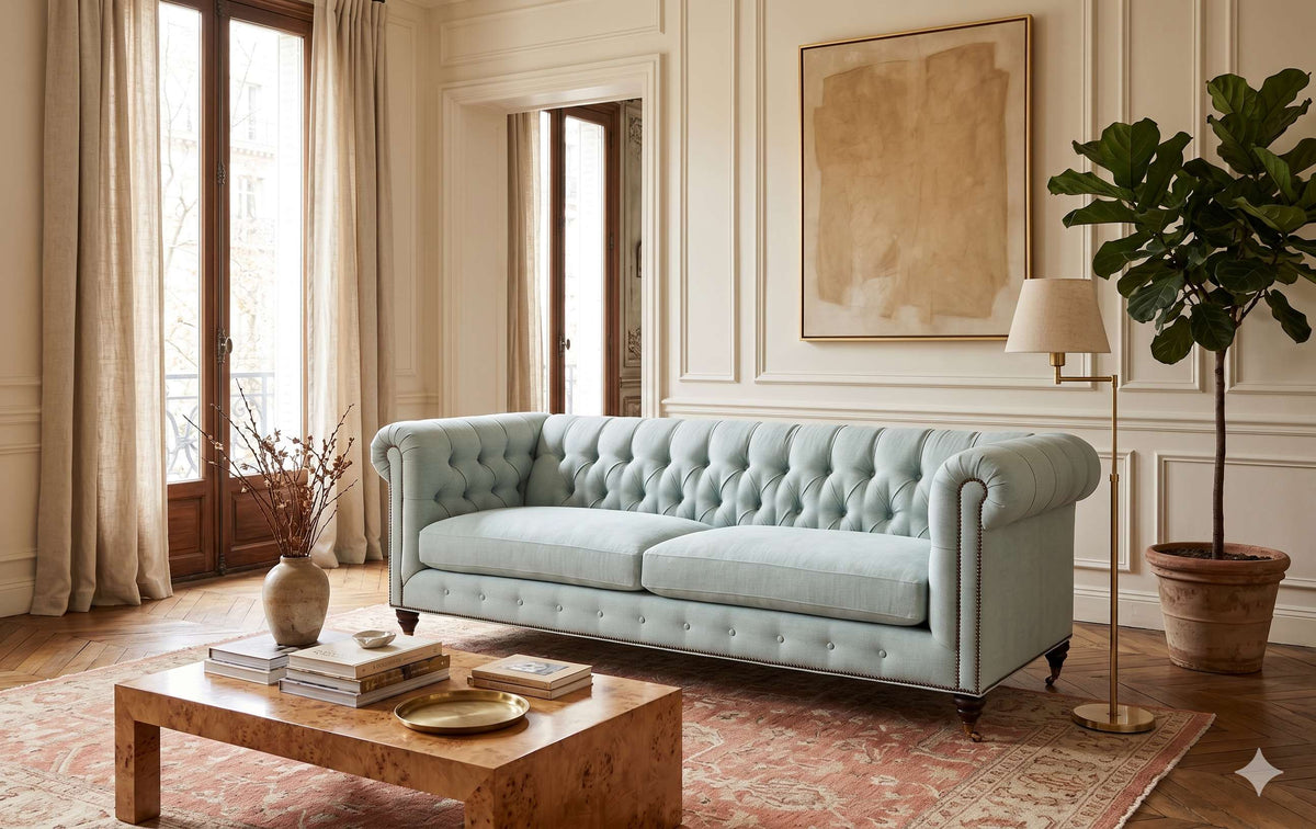 Sofá Chesterfield con capitoné en tela verde agua con patas de madera oscura en un living elegante clásico - Tienda de Banquitos