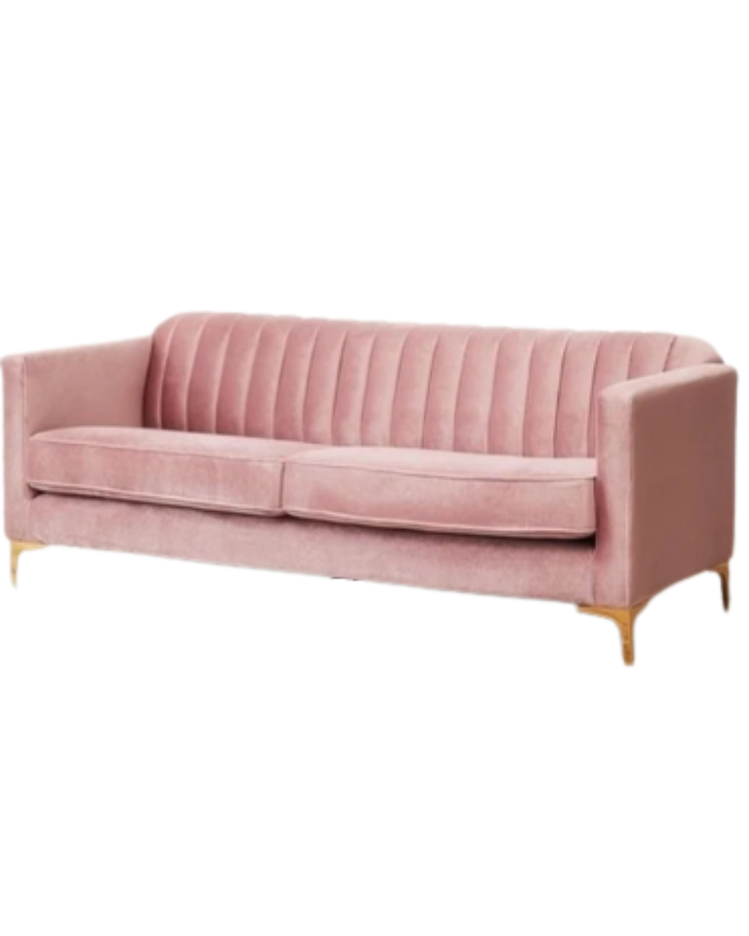 Sillón de dos cuerpos modelo Mila, tapizado en pana, con respaldo acanalado vertical y patas metálicas doradas de diseño elegante. Estilo glam contemporáneo, ideal para livings sofisticados.