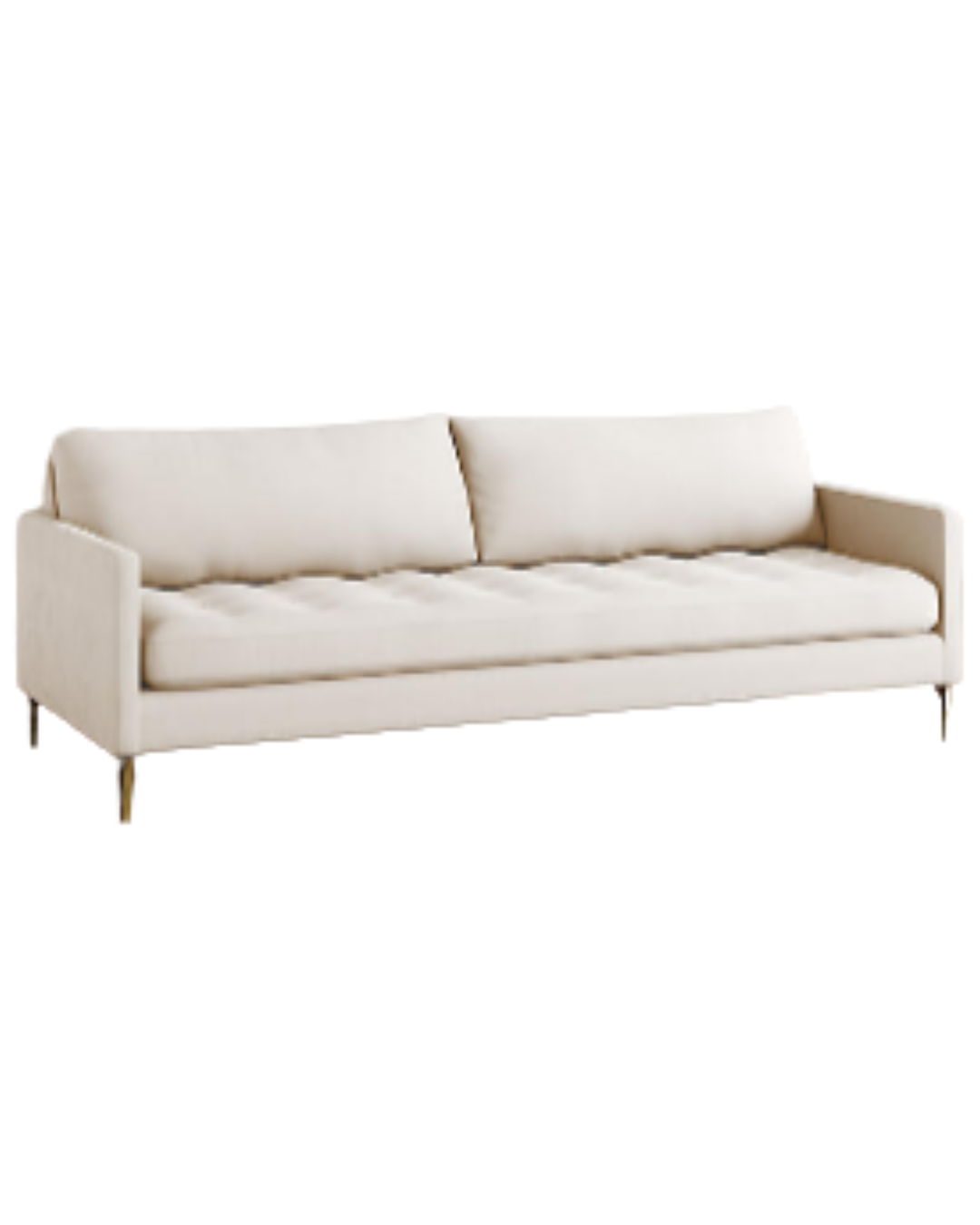 Sillón Ristretto de dos cuerpos con respaldo de almohadones sueltos, asiento tapizado capitoné y patas finas metálicas doradas. Diseño moderno y elegante con detalles clásicos.