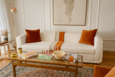 Sillón de tres cuerpos color blanco con dos almohadones de terciopelo terracota y una manta en tonos naranjas, ubicado en un living luminoso con mesa ratona de vidrio y alfombra persa.