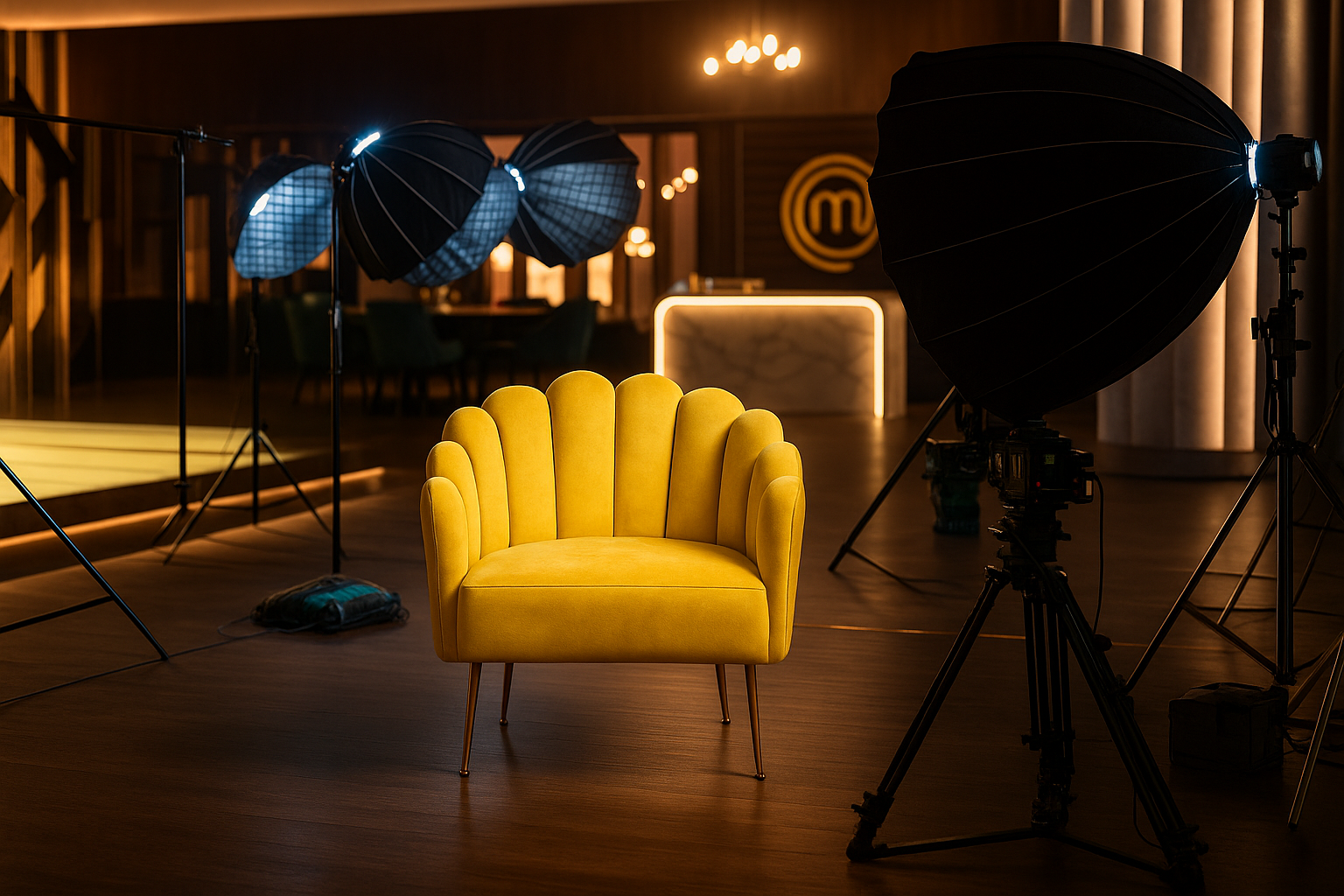 Sillón individual de diseño moderno con respaldo y brazos en forma de concha o pétalos, tapizado en terciopelo amarillo mostaza. Las patas delgadas de metal en acabado dorado complementan su estilo elegante y contemporáneo