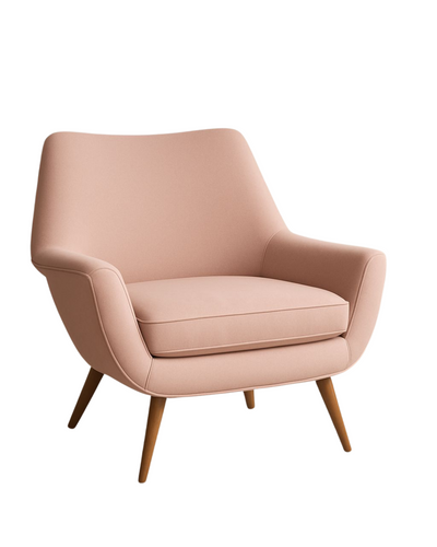 Sillón individual tapizado en tela rosa claro, de diseño retro con respaldo curvo envolvente, asiento acolchonado y patas de madera inclinadas estilo escandinavo.