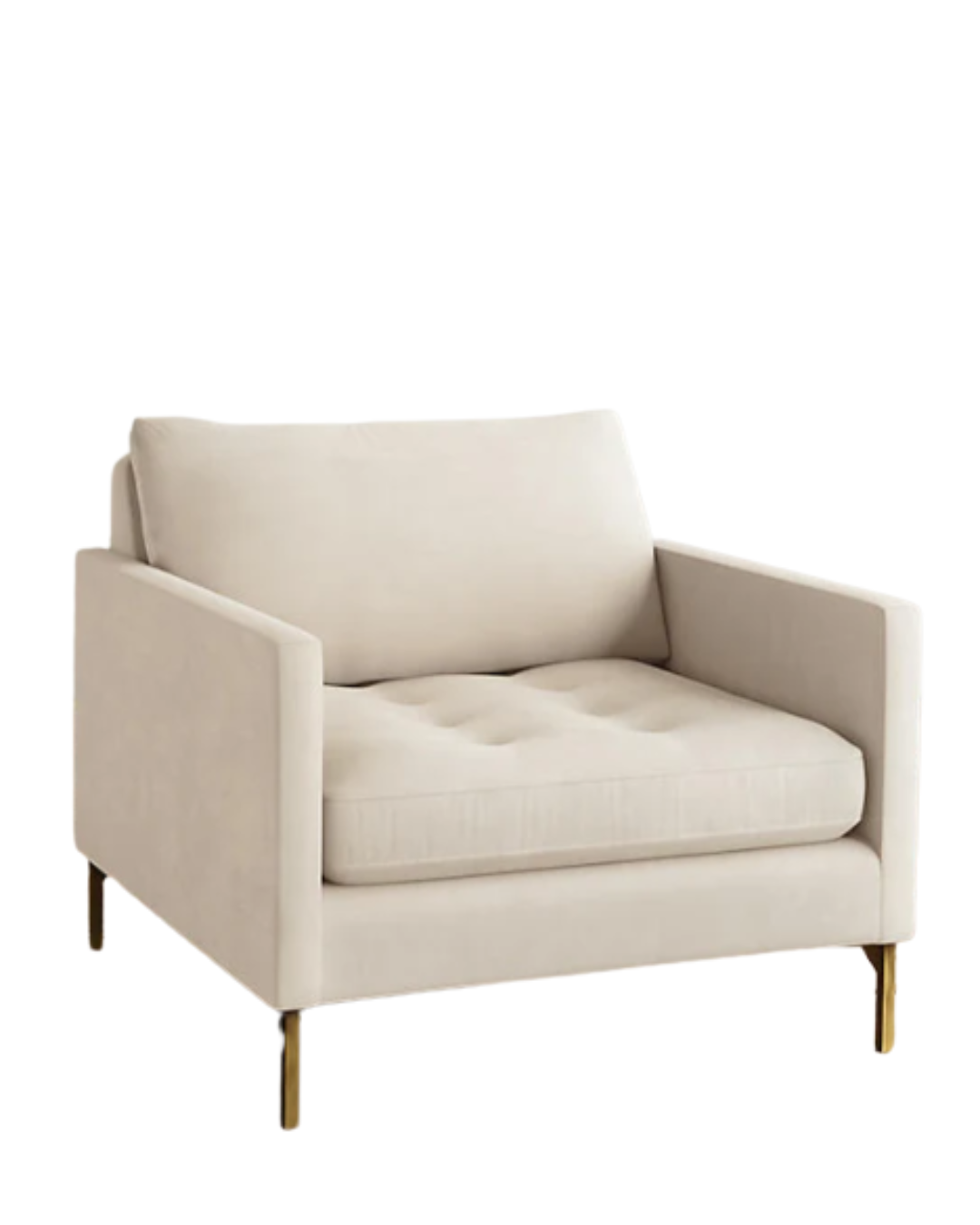 Sillón individual moderno en color crema con respaldo y asiento acolchados, apoyabrazos rectos y patas metálicas finas en dorado, sobre fondo blanco.