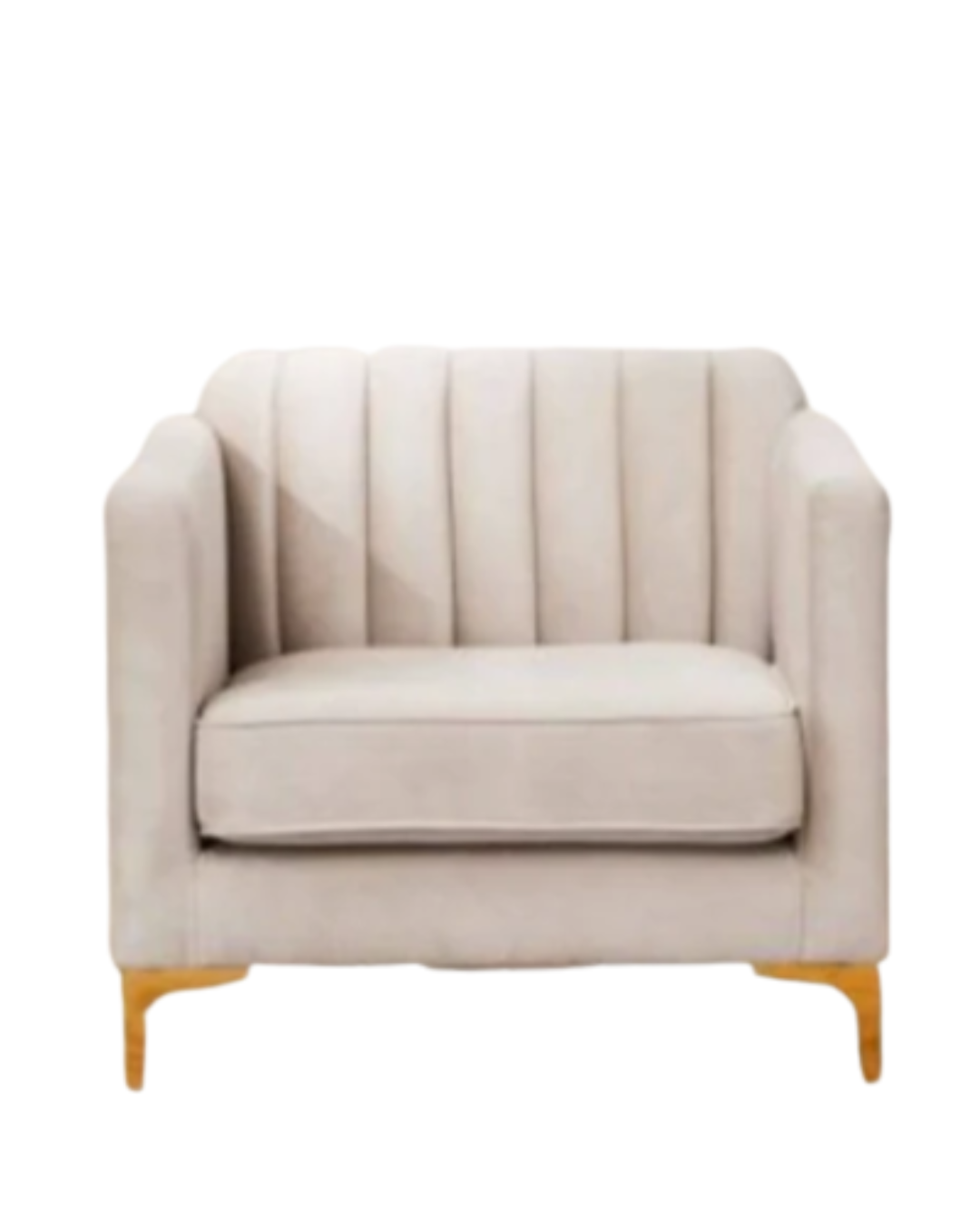 Sillón de un cuerpo tapizado en beige, con respaldo recto acanalado, apoyabrazos rectangulares y base baja con patas doradas.