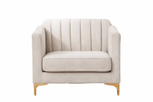 Sillón de un cuerpo, con respaldo recto acanalado, apoyabrazos rectangulares y base baja con patas doradas.