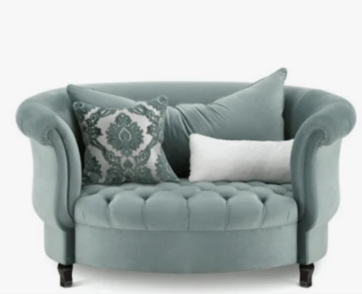 Sillón Brigitte color celeste, con asiento redondo tipo capitoné y respaldo curvo envolvente. Promoción CyberMonday con 6 cuotas sin interés y cupos limitados.