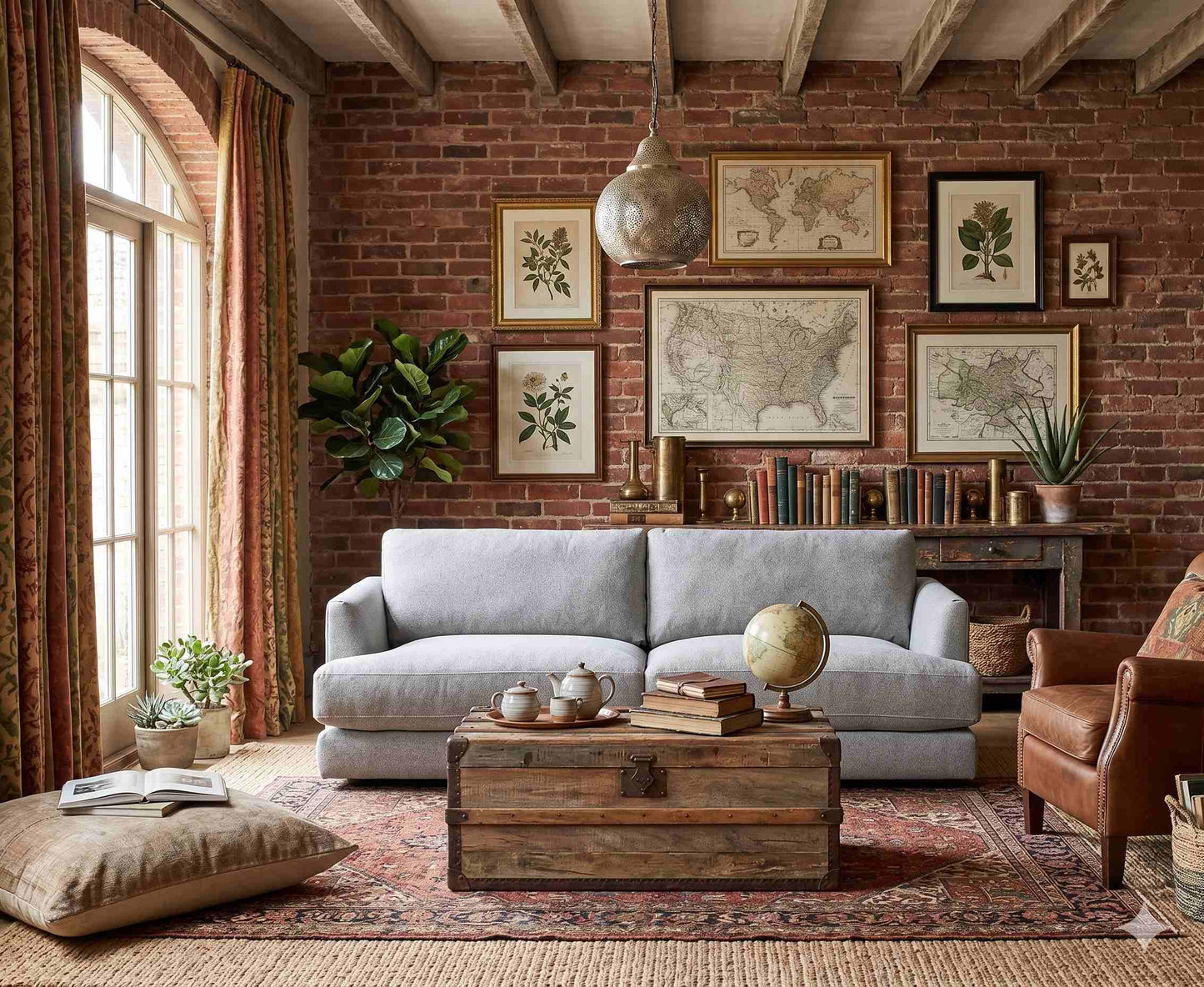 Una fotografía de diseño de interiores que muestra un living moderno y sofisticado de estilo nórdico-contemporáneo. En el centro está el sillón de dos cuerpos con tapizado texturizado gris claro, idéntico al de referencia. Está ubicado sobre una alfombra tejida gris y azul.