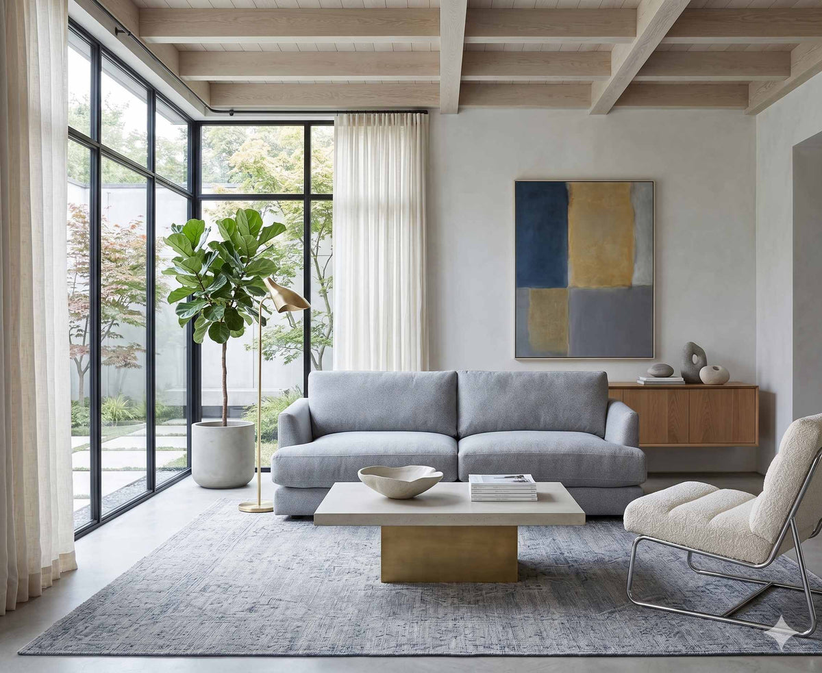 Una fotografía de diseño de interiores que muestra un living moderno con el sillón de dos cuerpos con tapizado texturizado gris claro - Tienda de Banquitos