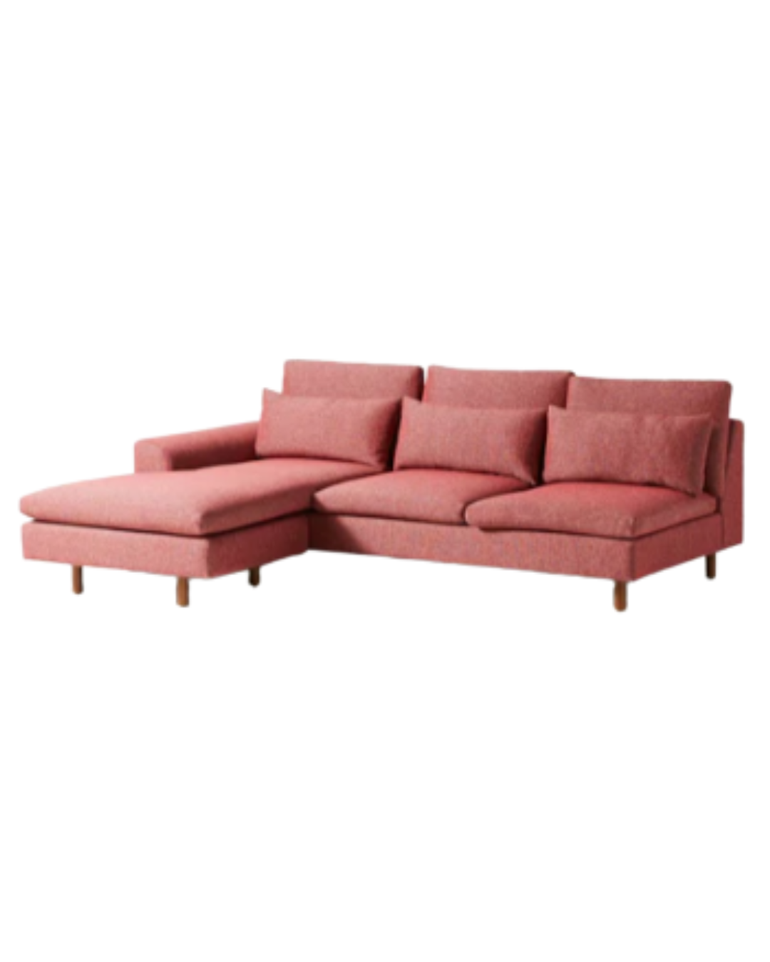 Sillón esquinero moderno en pana rosa oscuro, respaldo alto y estructura sólida con patas de madera natural.