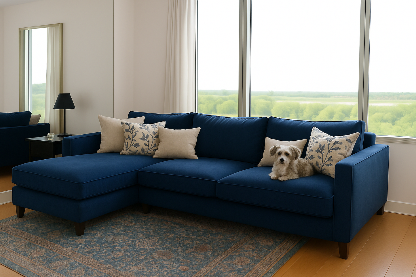 "Sofá en forma de L tapizado en terciopelo azul marino, con patas de madera oscura y ribetes decorativos claros. Está decorado con cojines beige y cojines con estampado de ramas azules. Un pequeño perro de pelaje claro descansa sobre uno de los cojines, aportando un toque acogedor. El sofá está ubicado en una sala luminosa con grandes ventanales que ofrecen vista a un paisaje verde, y una alfombra en tonos azul y terracota complementa el conjunto