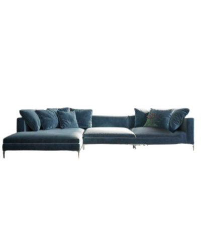 Sillón esquinero amplio en terciopelo azul profundo, respaldo mullido y diseño contemporáneo. Sofisticación y confort en un solo mueble.