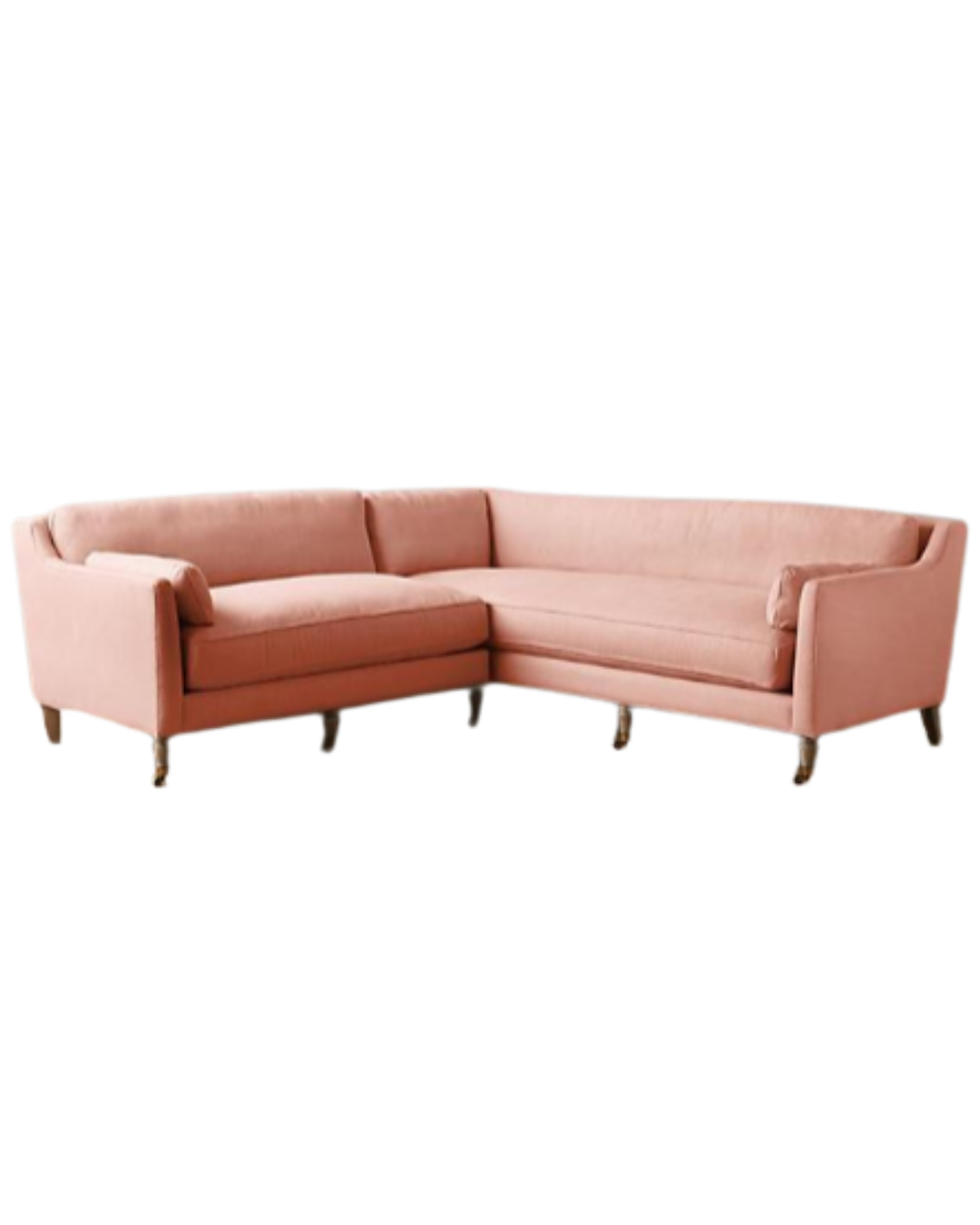 Sillón esquinero de diseño liviano en rosa claro, estructura baja y líneas minimalistas. Ideal para ambientes femeninos y luminosos.