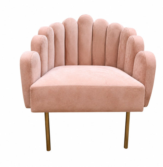 Sillón Matero Mini Angie tapizado en velvet rosa aterciopelado, con respaldo en forma de pétalos y patas metálicas doradas – Tienda de Banquitos