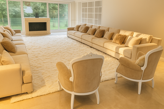 Amplio living con sillones tapizados en tono beige, dos butacas clásicas al frente y una gran alfombra blanca de pelo largo en el centro, acompañado por una chimenea y ventanales que aportan luz natural al espacio.