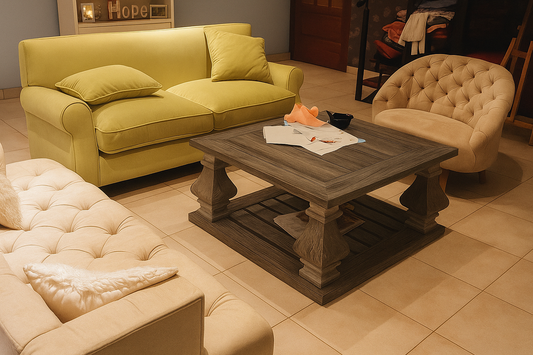 Un living con sillones tapizados en tonos claros y un sofá verde lima, dispuestos alrededor de una mesa ratona de madera oscura con base robusta, sobre un piso de cerámicos beige.