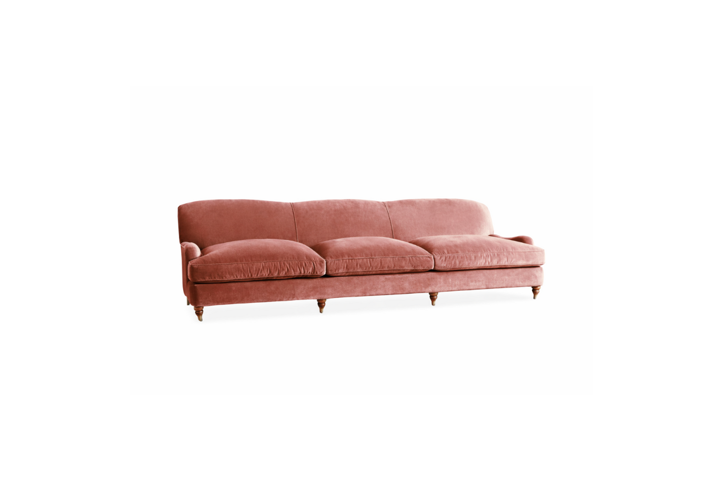 Sofá moderno modelo Minerva, tapizado con respaldo bajo y cojines de gran tamaño, estructura de líneas limpias y patas de madera clara, sobre fondo blanco, perfecto para ambientes minimalistas o espacios amplios y contemporáneos que buscan un toque de sofisticación.