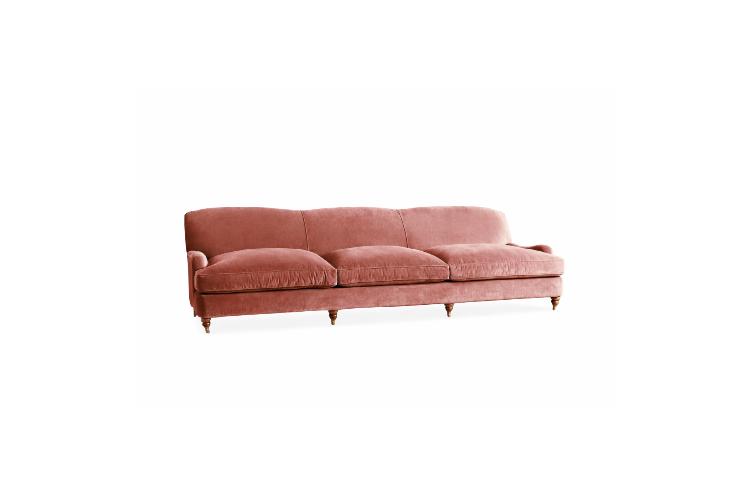 Sofá moderno modelo Minerva, tapizado con respaldo bajo y cojines de gran tamaño, estructura de líneas limpias y patas de madera clara, sobre fondo blanco, perfecto para ambientes minimalistas o espacios amplios y contemporáneos que buscan un toque de sofisticación.