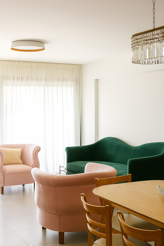 Sofá de tres cuerpos tapizado en color verde inglés, de líneas curvas y diseño contemporáneo, ubicado en un ambiente interior luminoso.