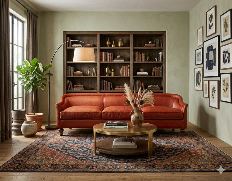 Sofá Grand Sofa de tres cuerpos en cuero color terracota en un living sofisticado con biblioteca empotrada - Tienda de Banquitos