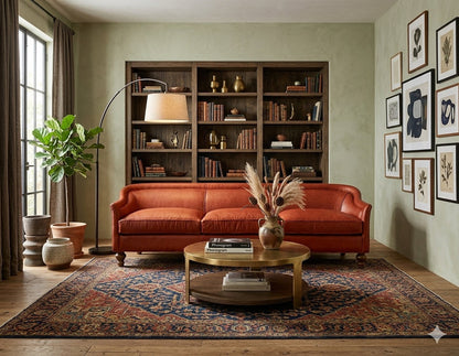Sofá Grand Sofa de tres cuerpos en cuero color terracota en un living sofisticado con biblioteca empotrada - Tienda de Banquitos