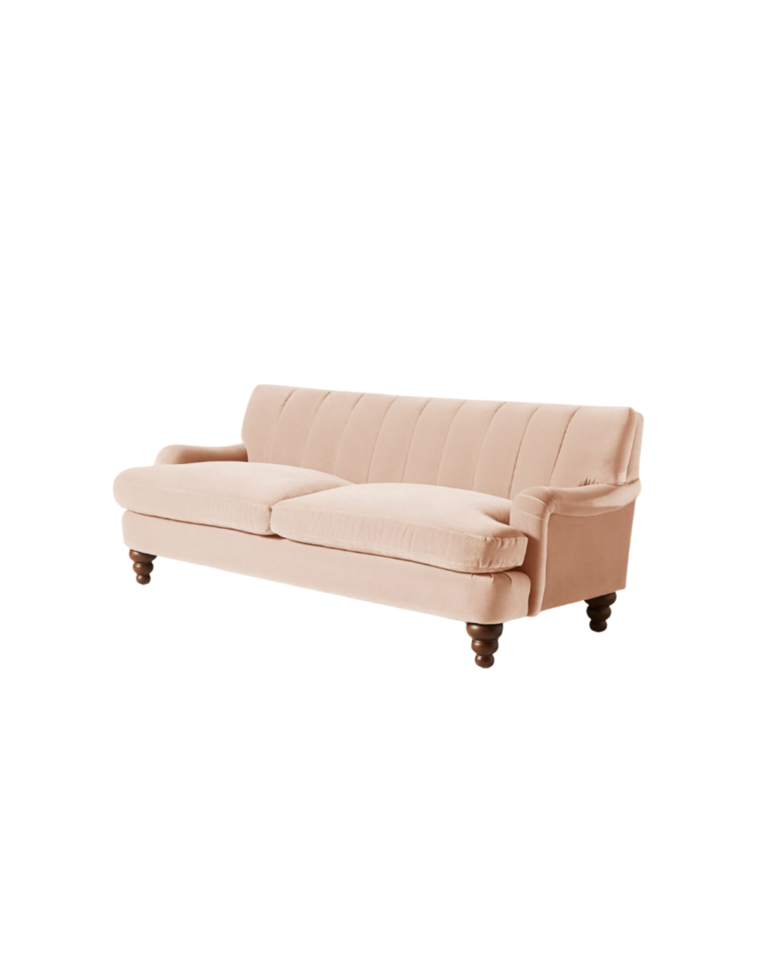 Vista completa del sofá modelo Malaika tapizado con respaldo vainillado profundo, brazos curvos y elegantes patas de madera oscura torneada, ubicado sobre fondo blanco, ideal para salas de estar, livings modernos o espacios clásicos que buscan un mueble llamativo y sofisticado.