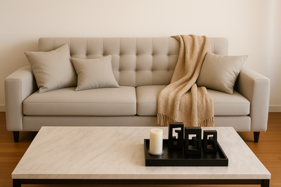 Sofá de tres cuerpos en tono beige claro, con respaldo capitoné y líneas rectas que combinan elegancia clásica con un diseño moderno. Tapizado en tela lisa, cuenta con cojines a juego y apoyabrazos rectangulares. Detalle decorativo: manta tejida en tono camel, que aporta calidez y textura. Ideal para livings minimalistas o espacios sobrios y sofisticados.