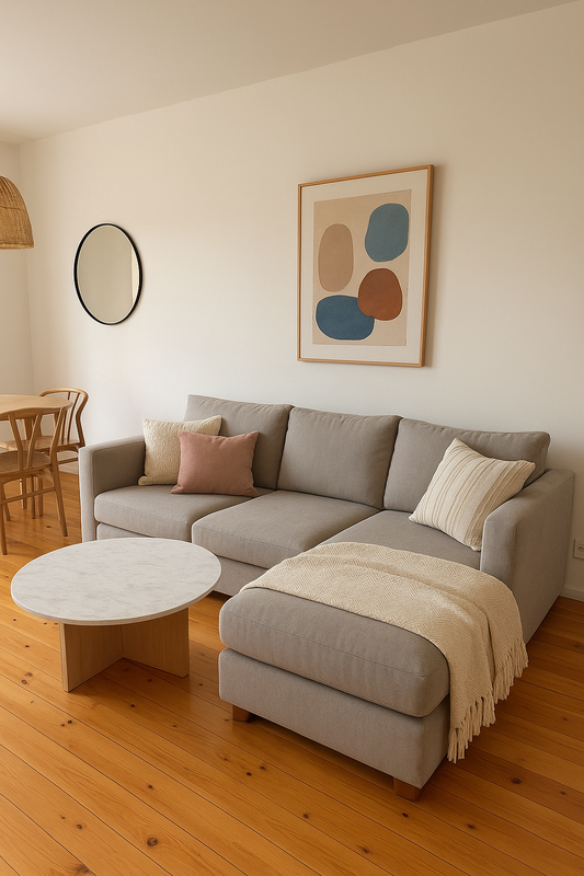 Sofá esquinero tapizado en tela gris claro, con cojines decorativos en tonos neutros y una manta tejida beige sobre el chaise longue.