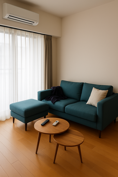 Sillón de dos cuerpos en color verde petróleo, acompañado por un almohadón claro y una manta oscura, ubicado en un living moderno con piso de madera y mesas auxiliares redondas de madera clara frente a él.