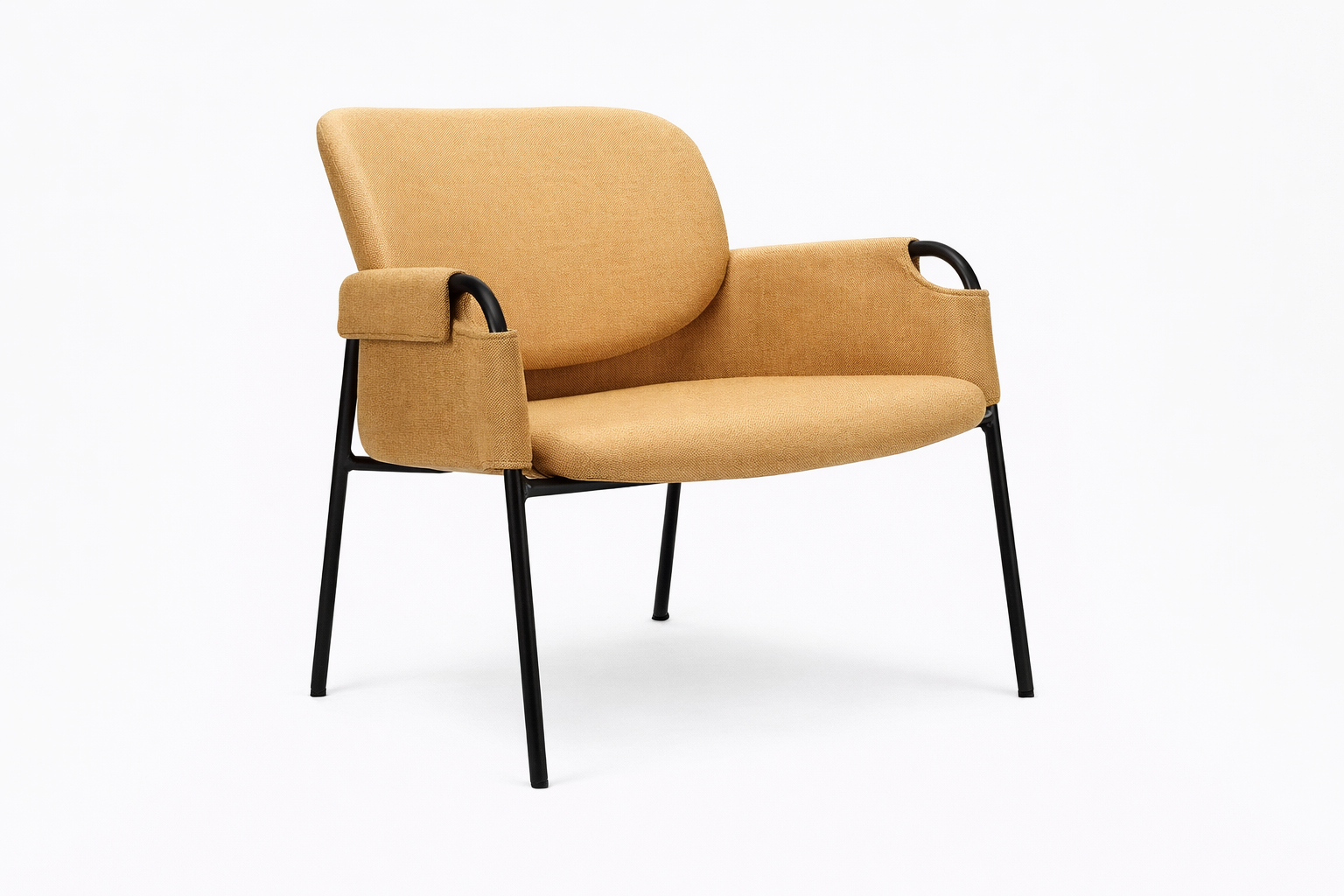 Soft Seating Clo tapizado con estructura metálica negra y apoyabrazos integrados, ideal para recepciones y espacios modernos.