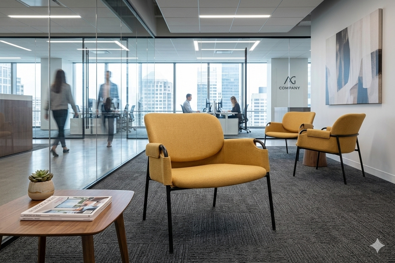Soft Seating Clo tapizado con estructura metálica negra y apoyabrazos integrados, ideal para recepciones y espacios modernos.
