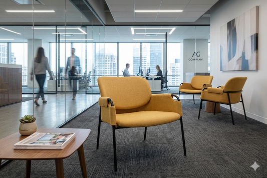 Soft Seating Clo tapizado con estructura metálica negra y apoyabrazos integrados, ideal para recepciones y espacios modernos.