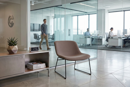 Soft Seating Clown TDB en entorno corporativo, diseño minimalista con base metálica