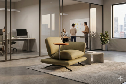 Soft Seating Manhattan tapizado con mesa lateral integrada y base metálica, ideal para recepciones y espacios corporativos.