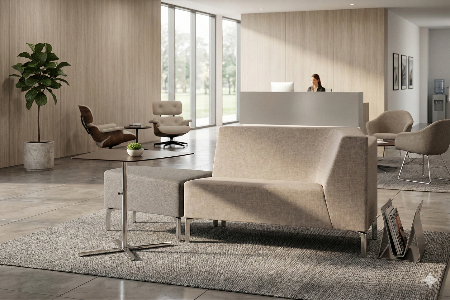 Soft Seating Tangram modular tapizado con estructura de líneas rectas y patas metálicas, ideal para recepciones y espacios colaborativos.
