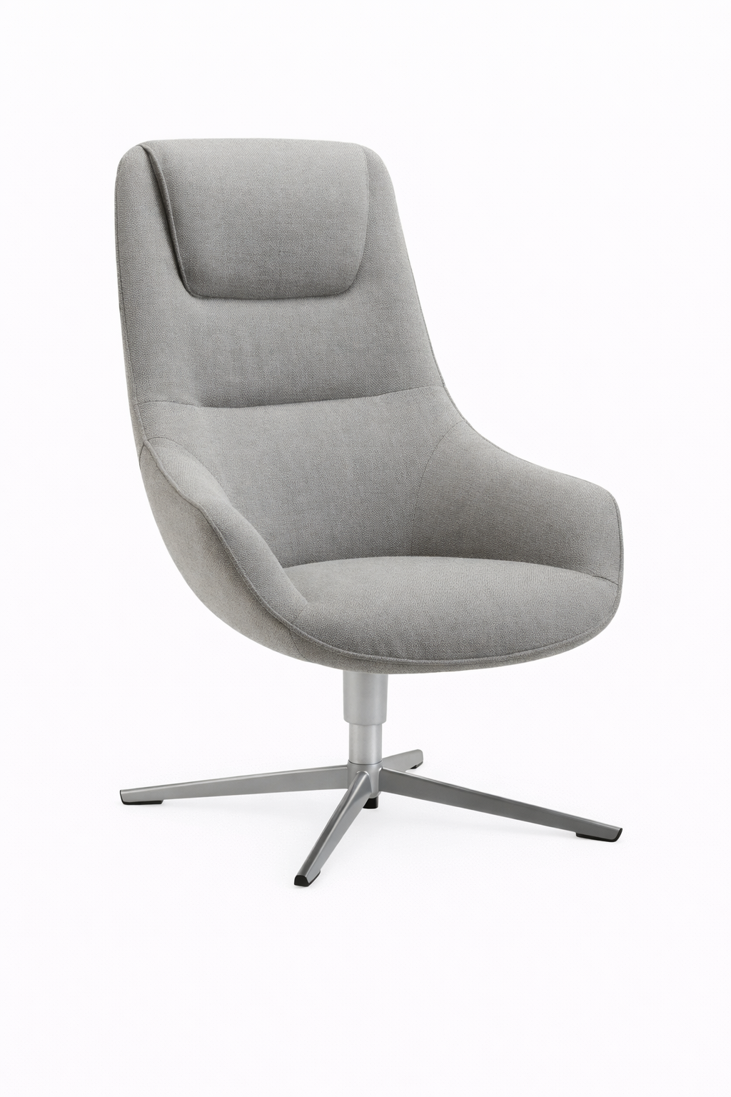 Soft Seating Victoria Lounge tapizado con respaldo alto y base giratoria metálica, ideal para recepciones y espacios de espera.