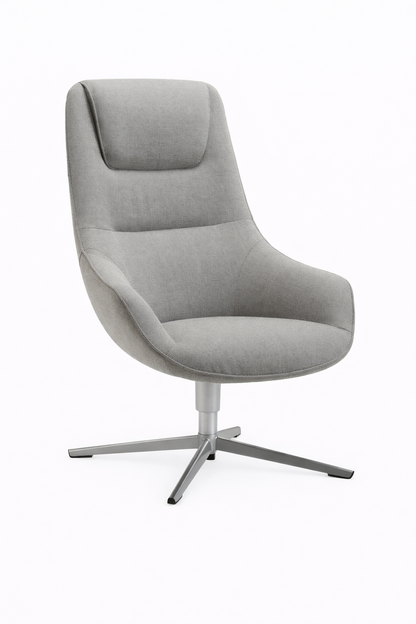 Soft Seating Victoria Lounge tapizado con respaldo alto y base giratoria metálica, ideal para recepciones y espacios de espera.