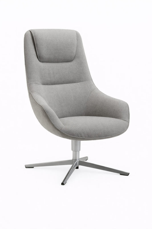 Soft Seating Victoria Lounge tapizado con respaldo alto y base giratoria metálica, ideal para recepciones y espacios de espera