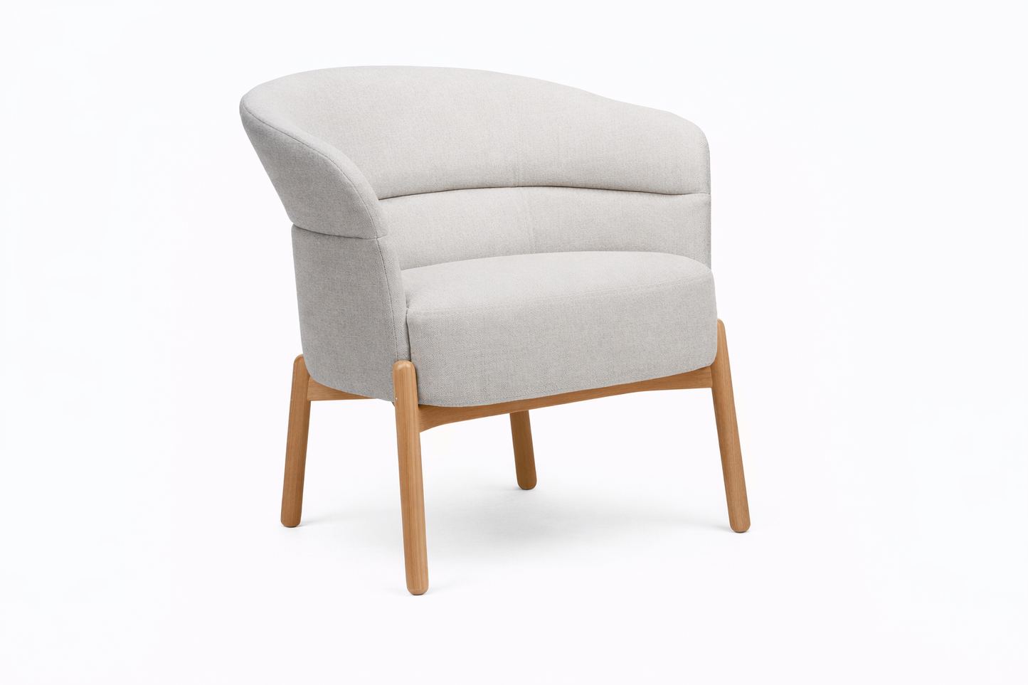 Soft Seating Wally tapizado con respaldo curvo y patas de madera, ideal para recepciones y espacios de espera.