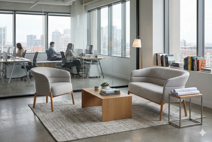 Soft Seating Wally tapizado con respaldo curvo y patas de madera, ideal para recepciones y espacios de espera.