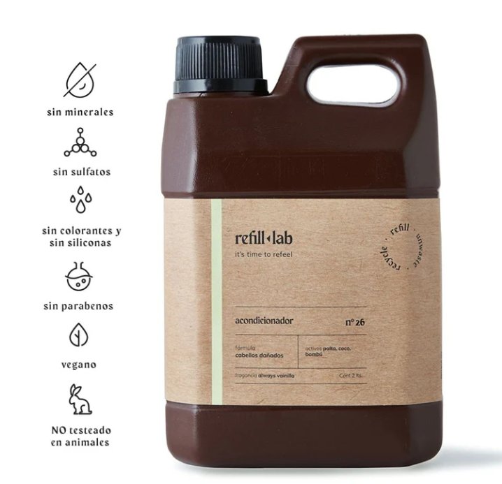 Bidón de Acondicionador Refill Lab con íconos: sin sulfatos, sin parabenos, vegano y no testeado