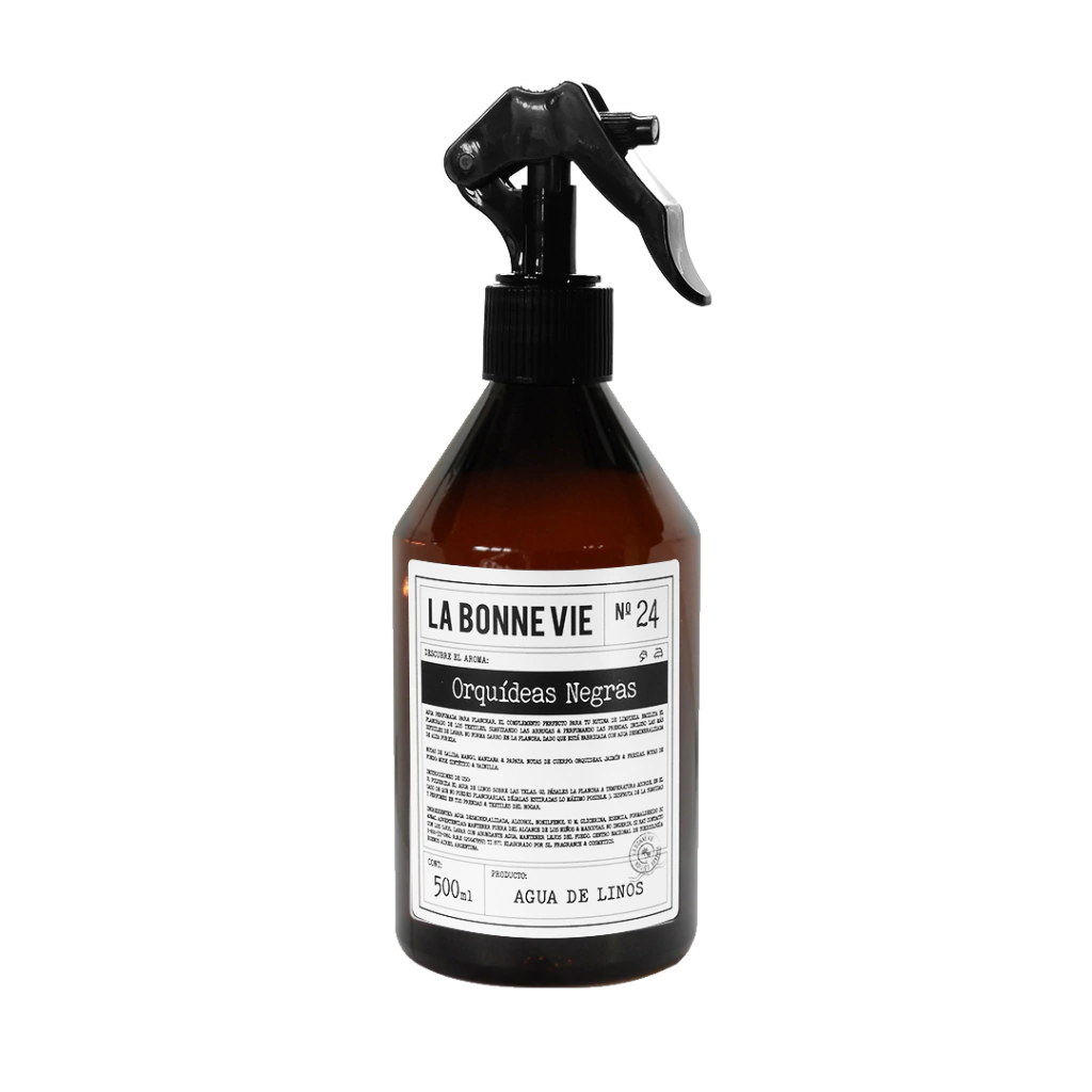 Agua de lino La Bonne Vie de 500 ml, aroma N°24 Orquídeas Negras, con gatillo negro sobre fondo negro