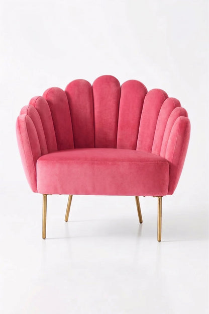 Sillón de un cuerpo Angie color Chicle en pana antimanchas importada, con respaldo de líneas curvas tipo abanico y patas de metal doradas — un toque de lujo para cualquier living. Hecho a medida por Tienda de Banquitos.