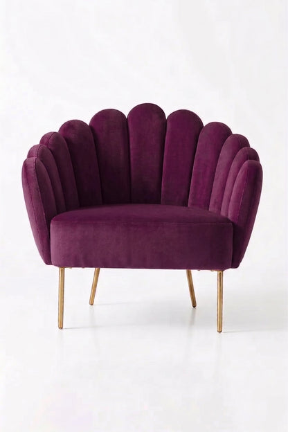 Sillón de un cuerpo Angie color Obispo en pana antimanchas importada, con respaldo de líneas curvas tipo abanico y patas de metal doradas — el sillón individual ideal para destacar con sus patas doradas. Hecho a medida por Tienda de Banquitos.