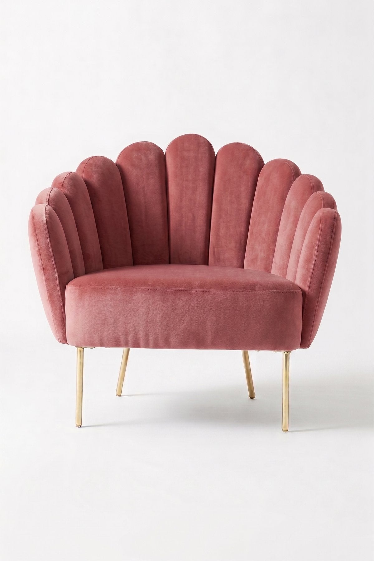 Sillón de un cuerpo Angie color Rosa en pana antimanchas importada, con respaldo de líneas curvas tipo abanico y patas de metal doradas — el sillón individual ideal para destacar con sus patas doradas. Hecho a medida por Tienda de Banquitos.