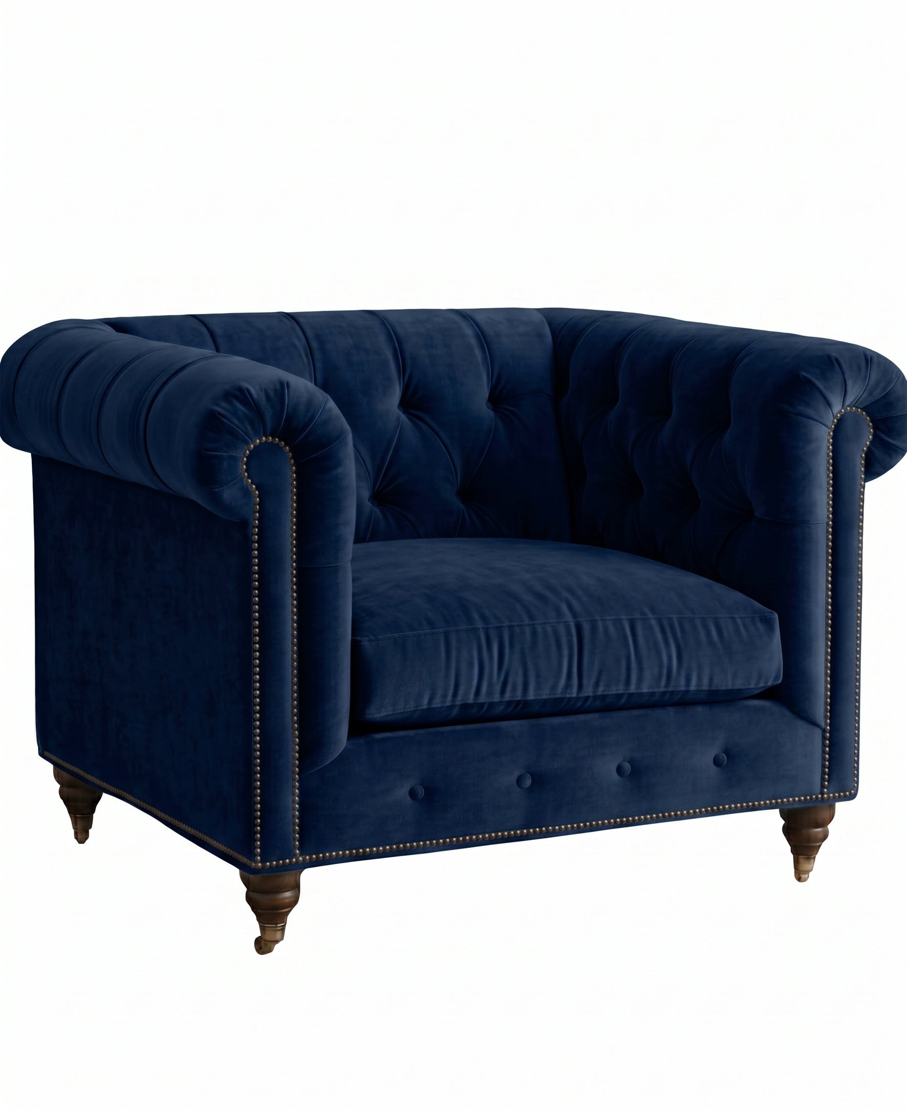 Sillón de un cuerpo Chesterfield color Azul en pana antimanchas importada, el clásico diseño inglés firme con detalle de tachas — el clásico de siempre para un living con personalidad. Hecho a medida por Tienda de Banquitos.