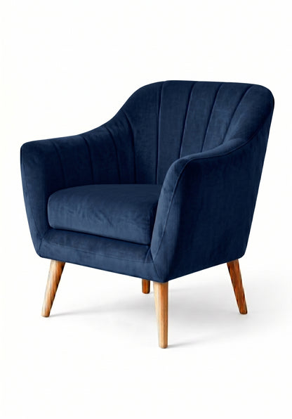 Sillón de un cuerpo Collin color Azul en pana antimanchas importada, diseño liviano de respaldo bajo y patas de madera — perfecto como sillón de dormitorio. Hecho a medida por Tienda de Banquitos.