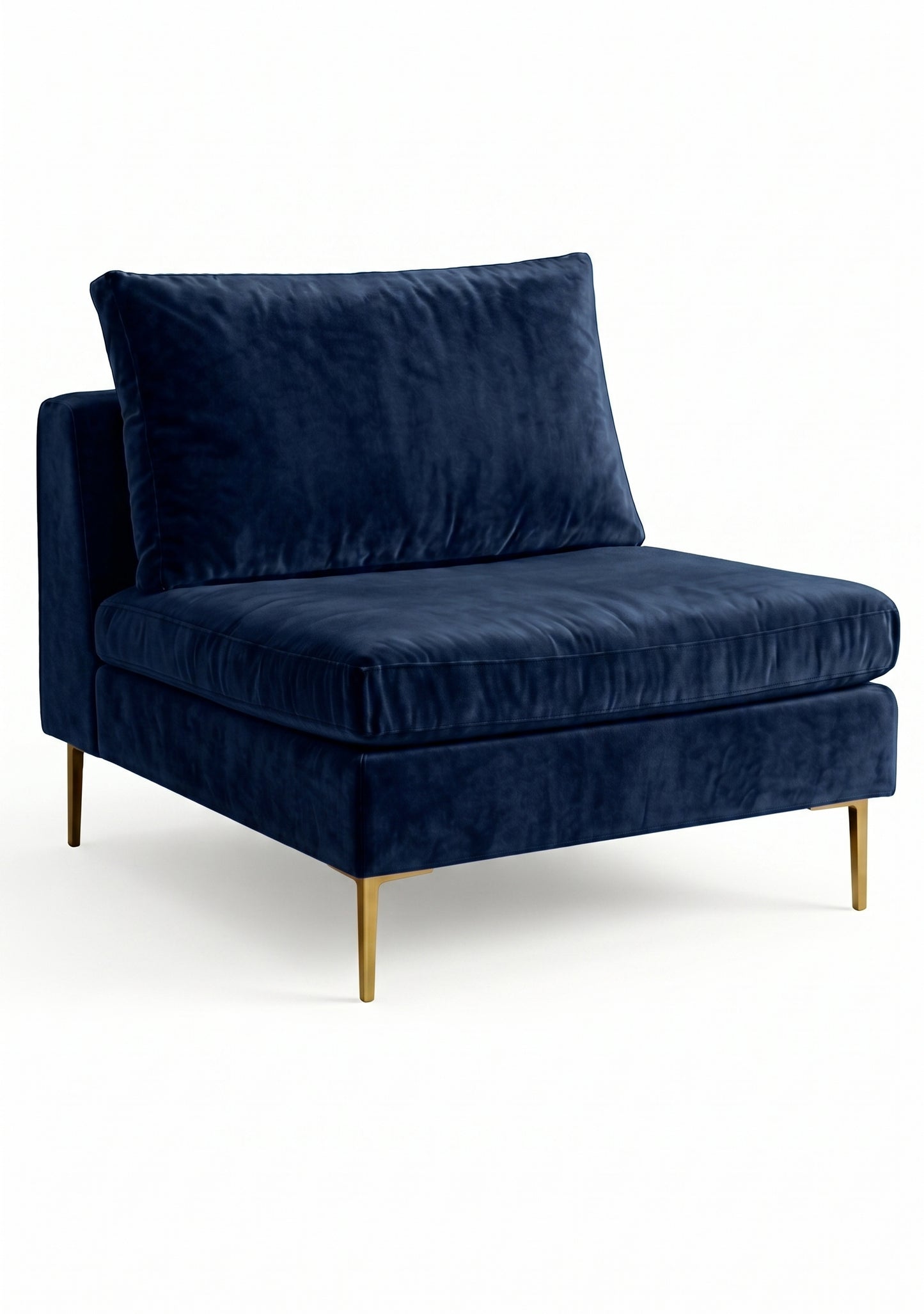 Sillón Edlyn premium en color azul, sin apoyabrazos, estructura de madera maciza y patas de aluminio dorado – Tienda de Banquitos
