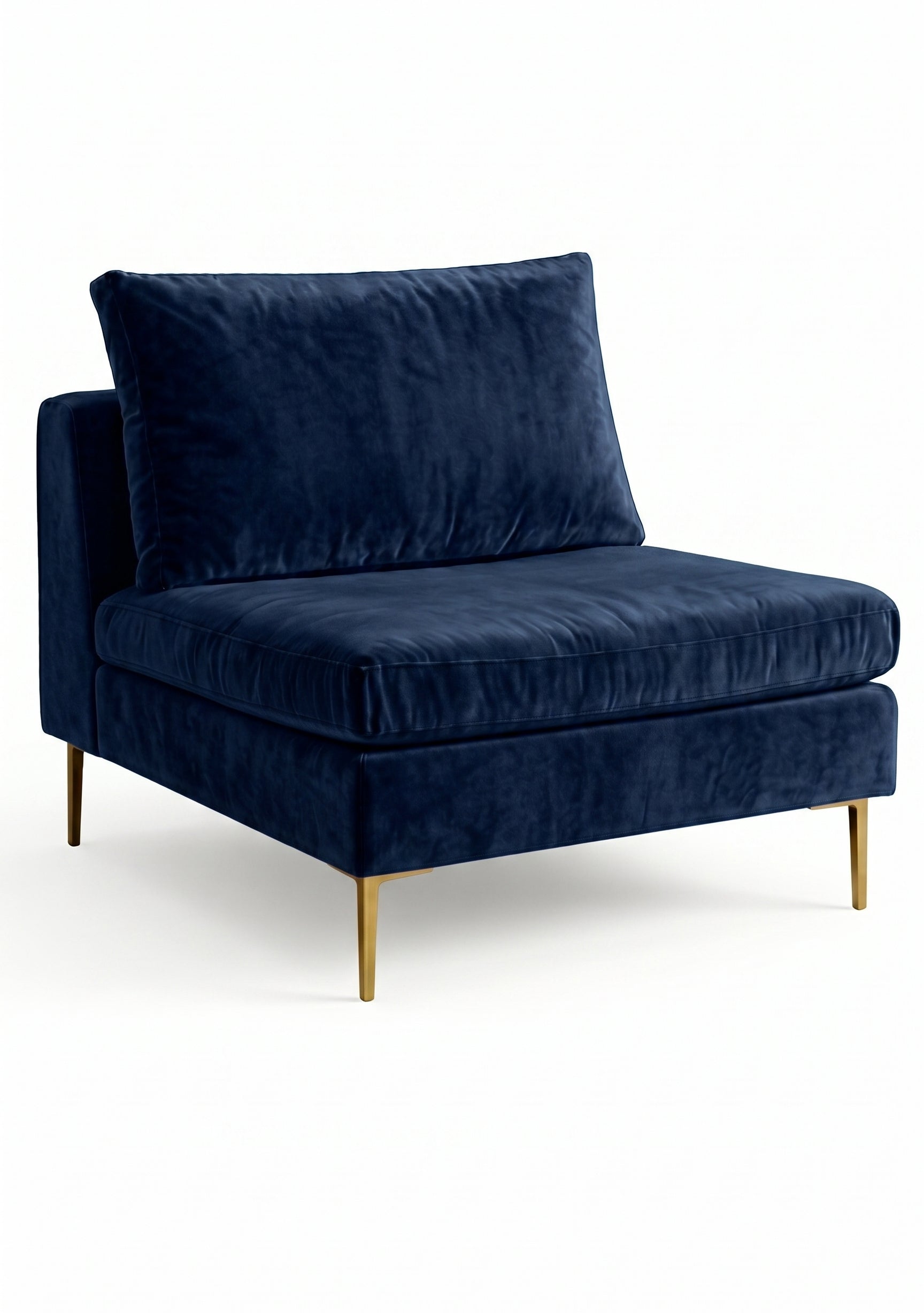 Sillón Edlyn premium en color azul, sin apoyabrazos, estructura de madera maciza y patas de aluminio dorado – Tienda de Banquitos