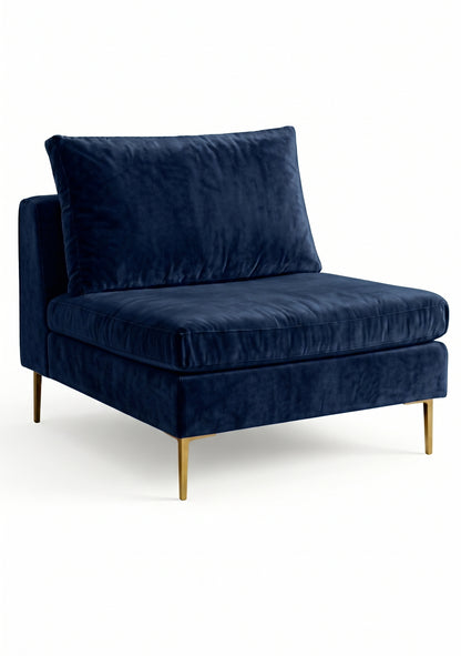 Sillón Edlyn premium en color azul, sin apoyabrazos, estructura de madera maciza y patas de aluminio dorado – Tienda de Banquitos