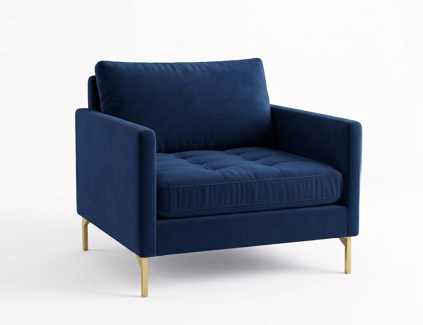 Sillón de un cuerpo Ristretto color Azul en pana antimanchas importada, detalle textural en el asiento y patas doradas — para un sillón elegante ideal si recibís visitas seguido. Hecho a medida por Tienda de Banquitos.
